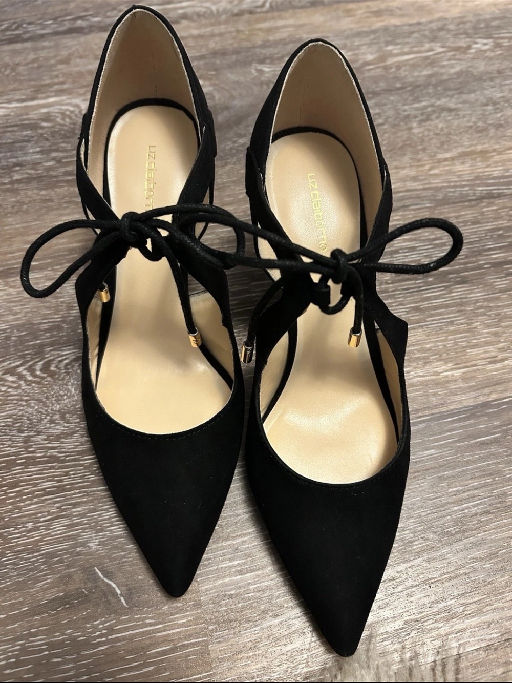 Liz Claiborne Kaylee Black Suede Heels Pointed Toe, Tie Up Size 6.5